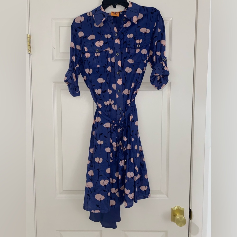 Tory Burch Navy and Blush Floral Signature Print 100% Cotton Dress Women’s Sz 8
